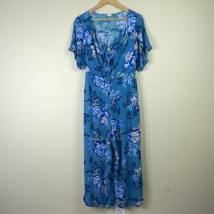 Eyeshadow Blue Floral Print Short Sleeve Tie Front Jumpsuit, Size M